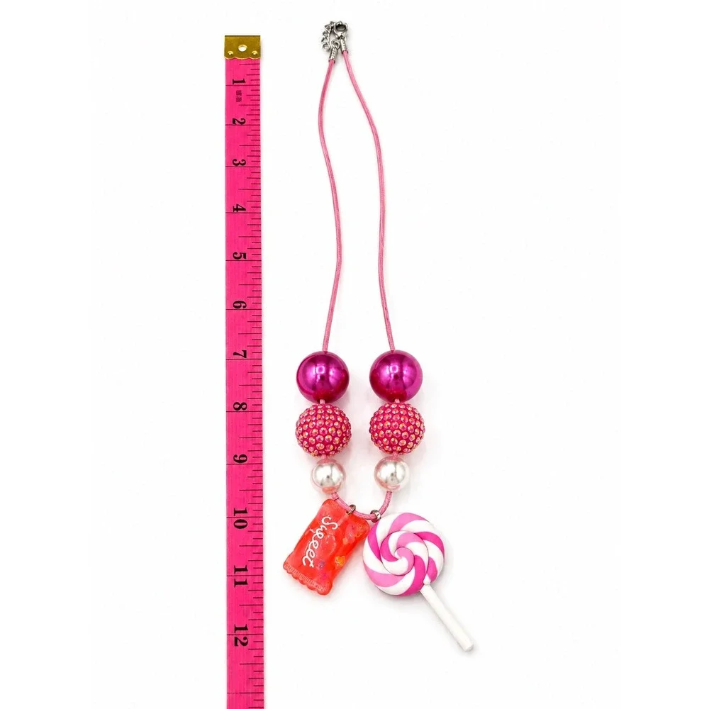 Handmade Pink Candy Charm Necklace Cute Beaded Lollipop Necklace Sweet Kawaii